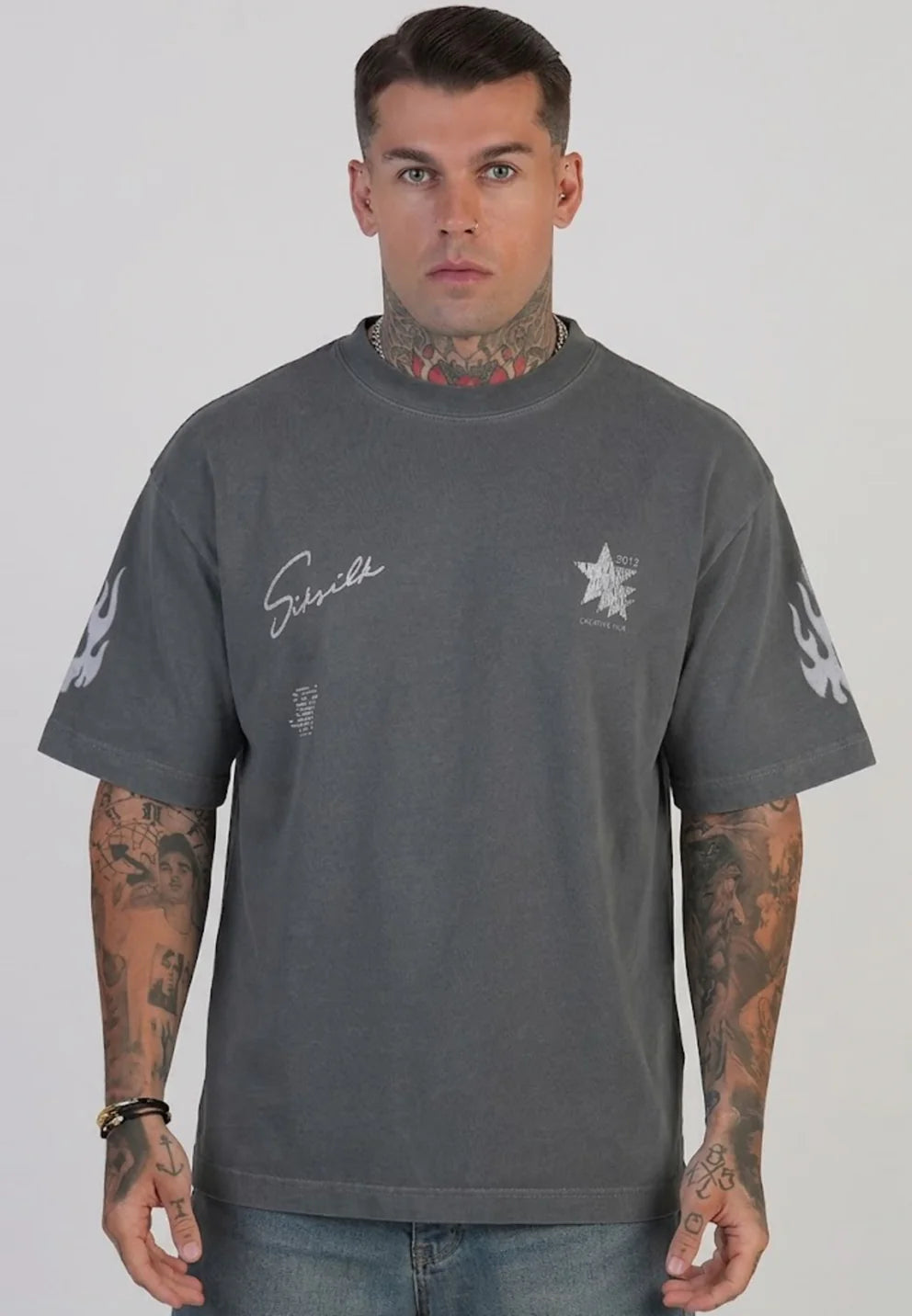 SIKSILK Sivé Grafické Tričko